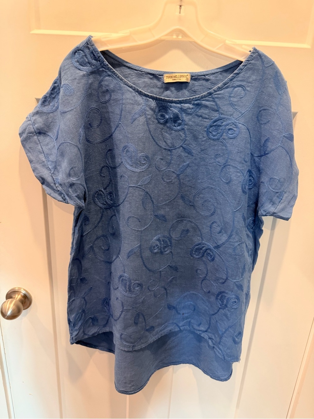 Terzo Millennio Italy Blue Linen Embroidered Lagenlook Tunic Medium